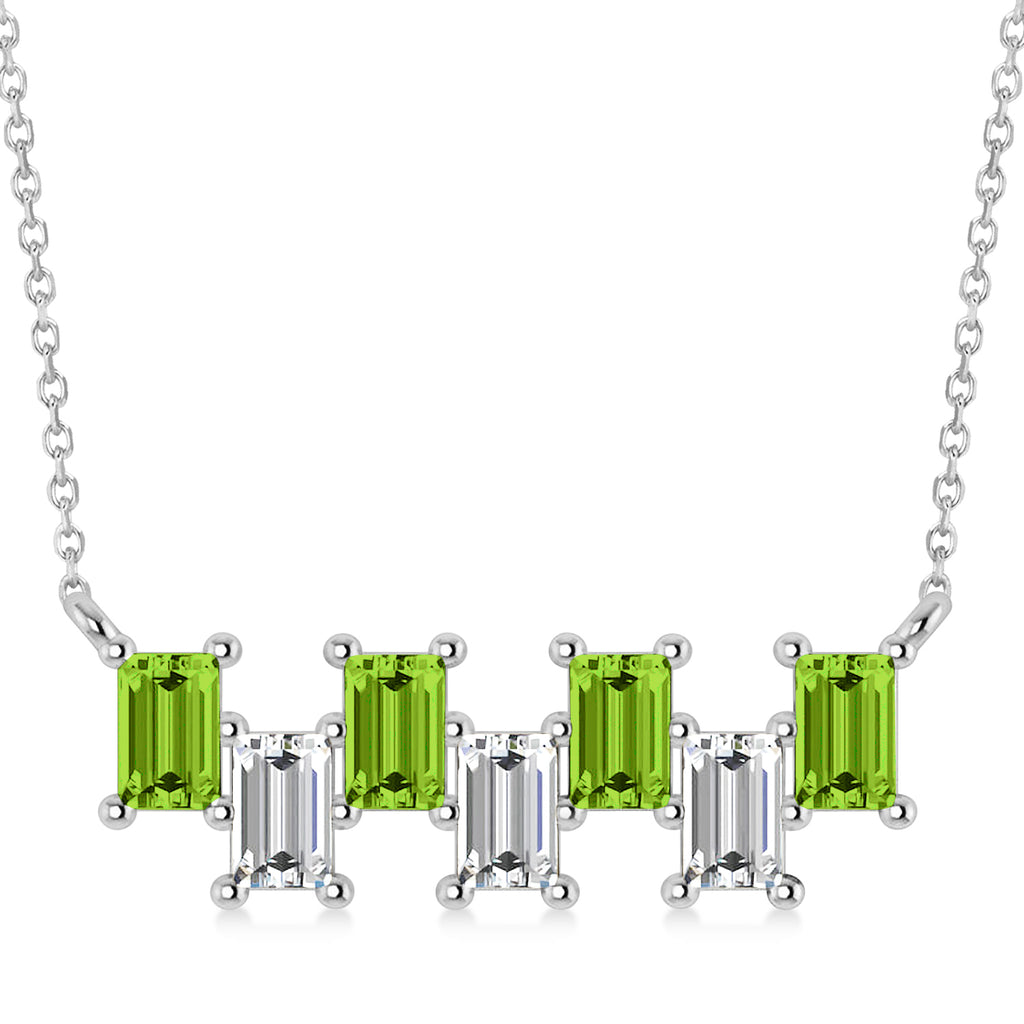 Bar Peridot & Diamond Baguette Necklace 14k White Gold (2.30 ctw)
