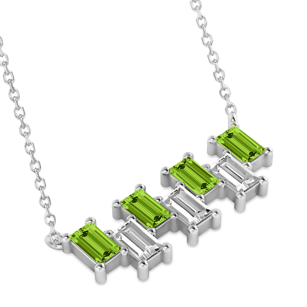 Bar Peridot & Diamond Baguette Necklace 14k White Gold (2.30 ctw)