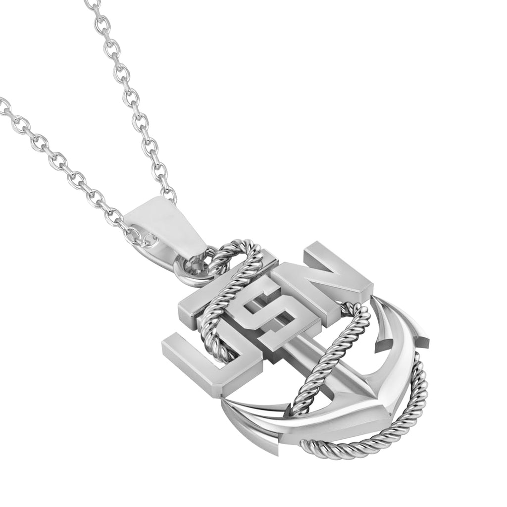 Men's United States Navy Anchor Pendant Necklace 14k White Gold