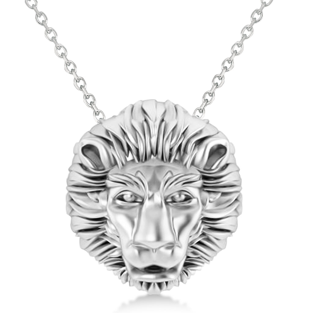 Lion's Head Pendant Necklace 14k White Gold