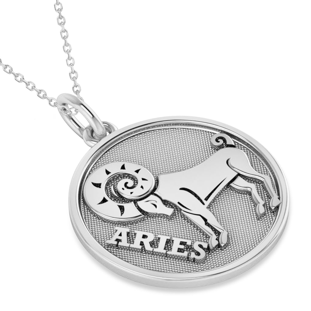 Aries Coin Zodiac Pendant Necklace 14k White Gold