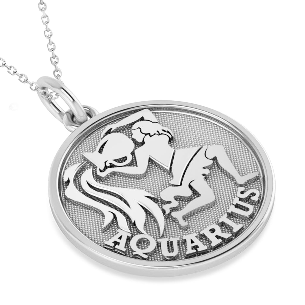 Aquarius Coin Zodiac Pendant Necklace 14k White Gold