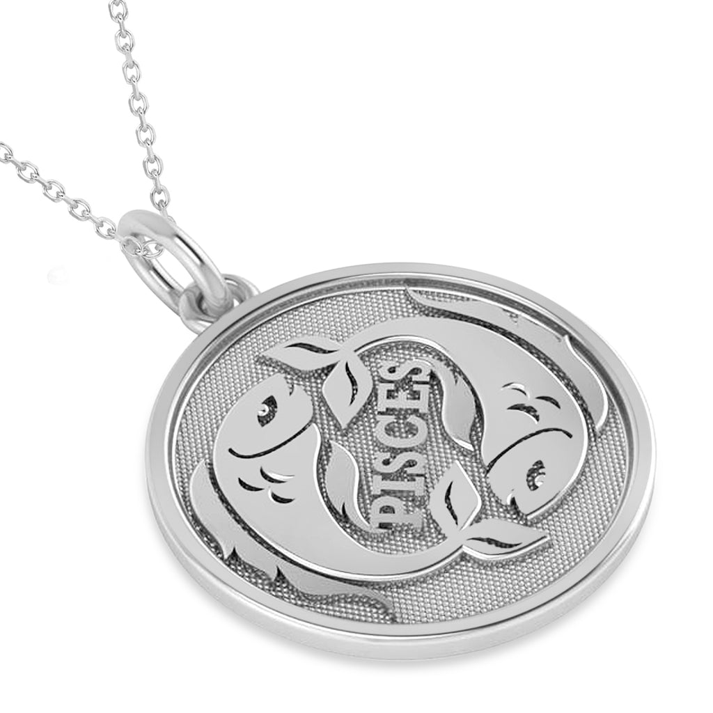 Pisces Coin Zodiac Pendant Necklace 14k White Gold