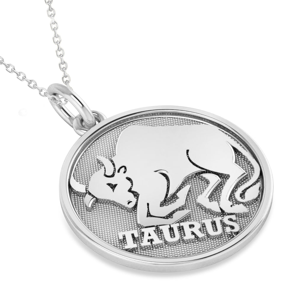 Taurus Coin Zodiac Pendant Necklace 14k White Gold