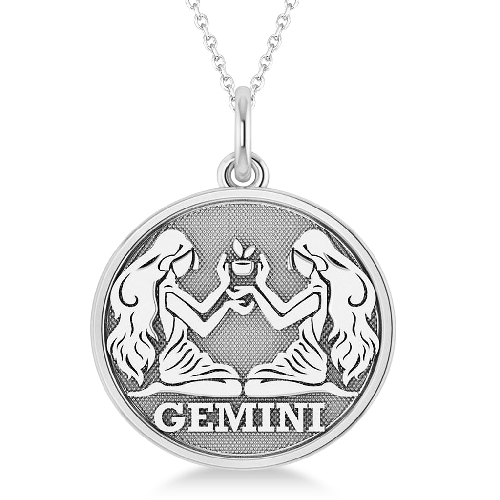 Gemini Coin Zodiac Pendant Necklace 14k White Gold