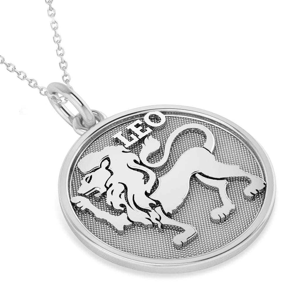 Leo Coin Zodiac Pendant Necklace 14k White Gold