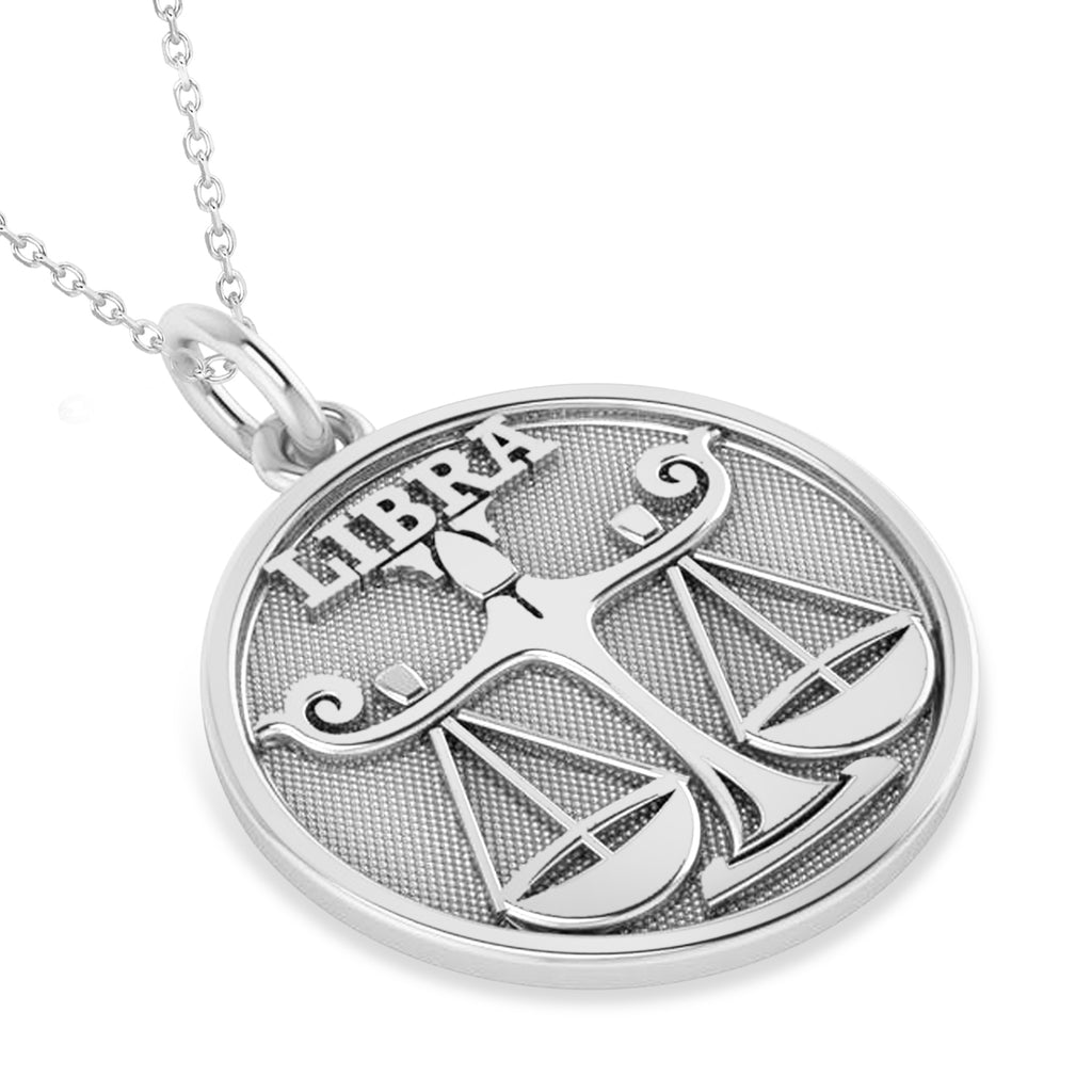 Libra Coin Zodiac Pendant Necklace 14k White Gold