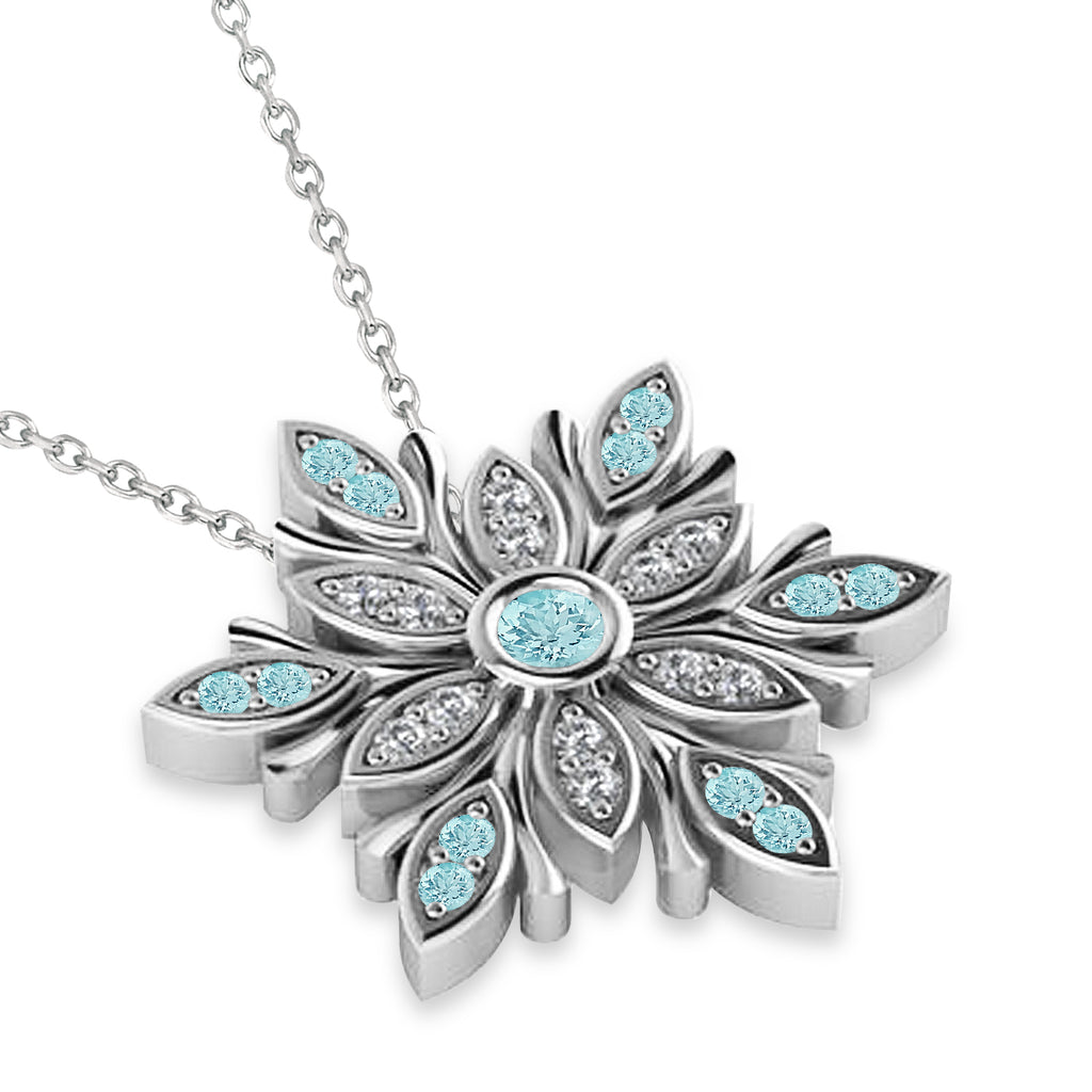 Diamond & Aquamarines Snowflake Necklace 14k White Gold (0.29ct)