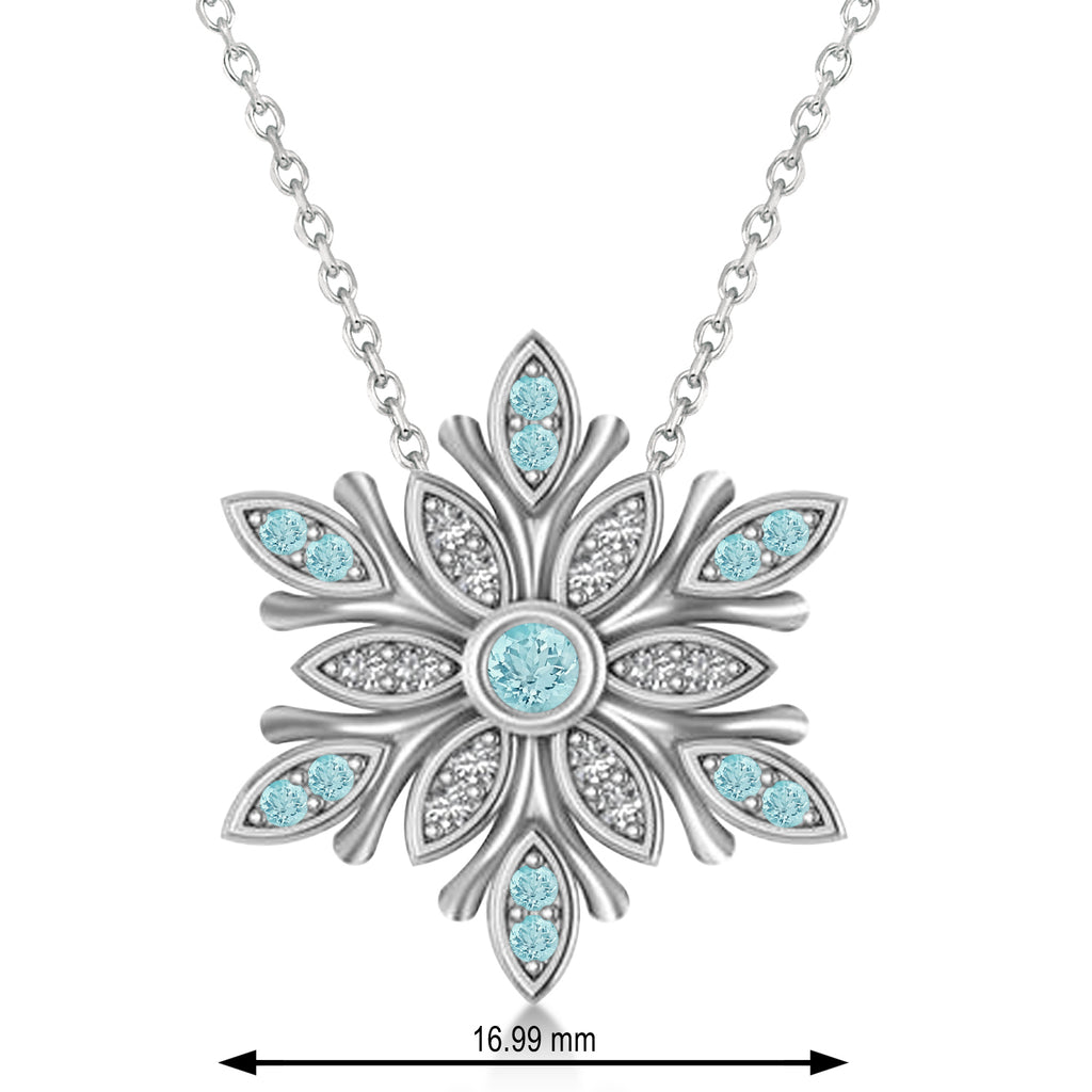 Diamond & Aquamarines Snowflake Necklace 14k White Gold (0.29ct)