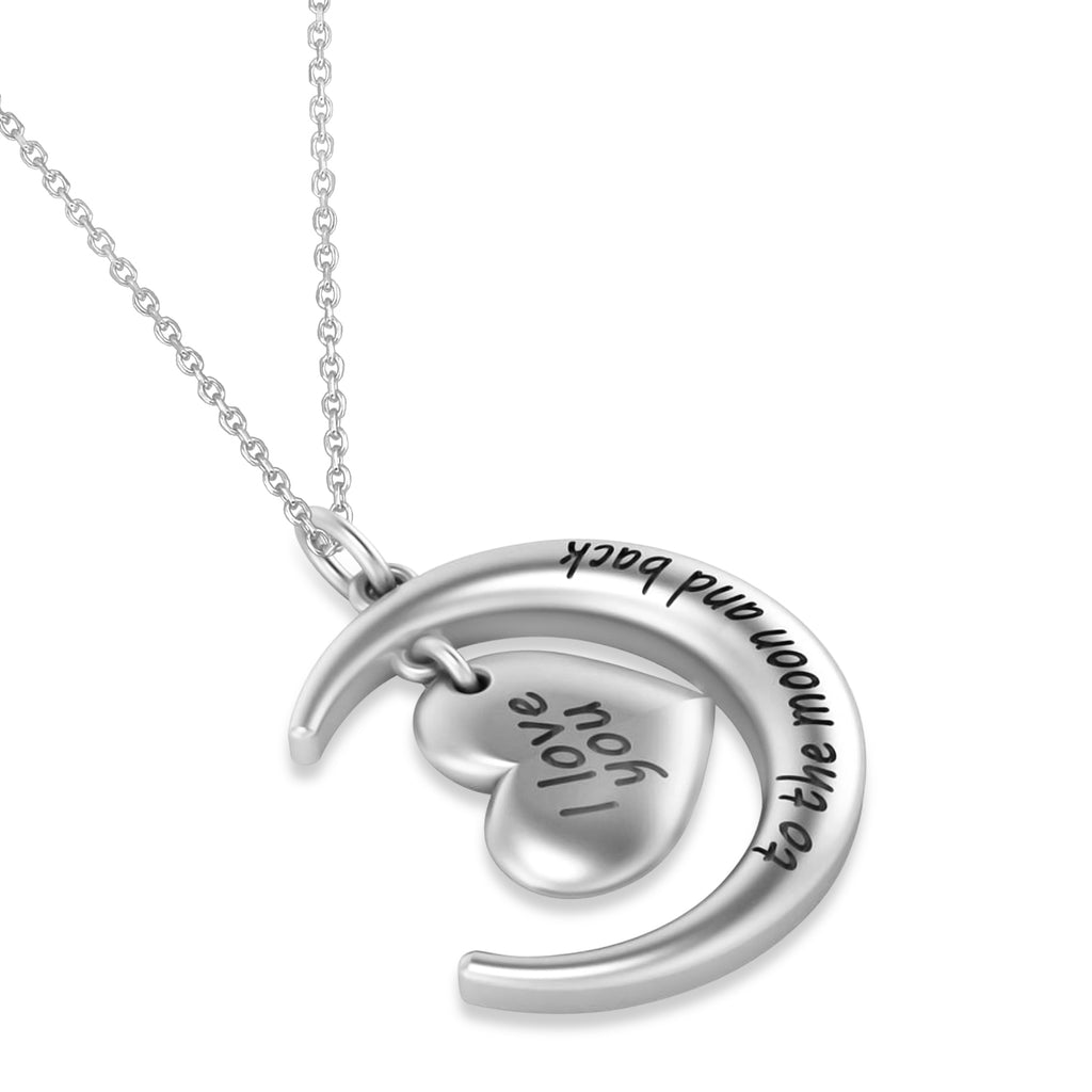 Moon with Heart " I Love You To The Moon and Back" Pendant Necklace 14K White Gold