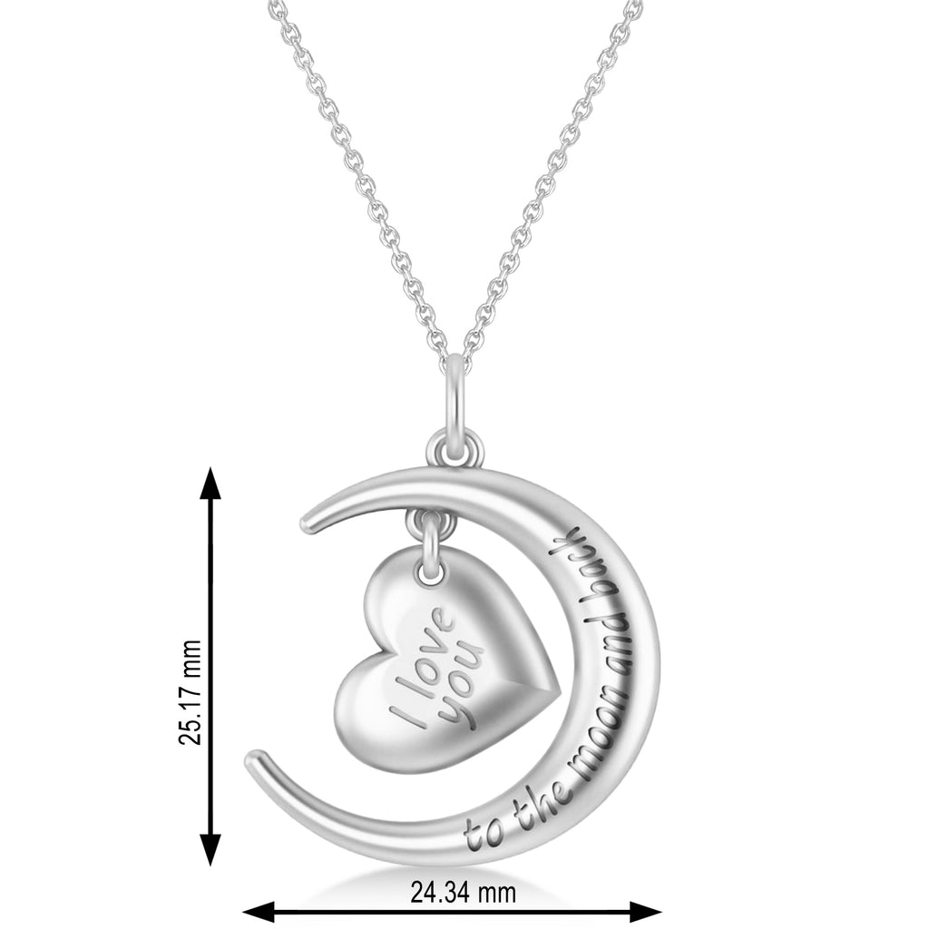 Moon with Heart " I Love You To The Moon and Back" Pendant Necklace 14K White Gold