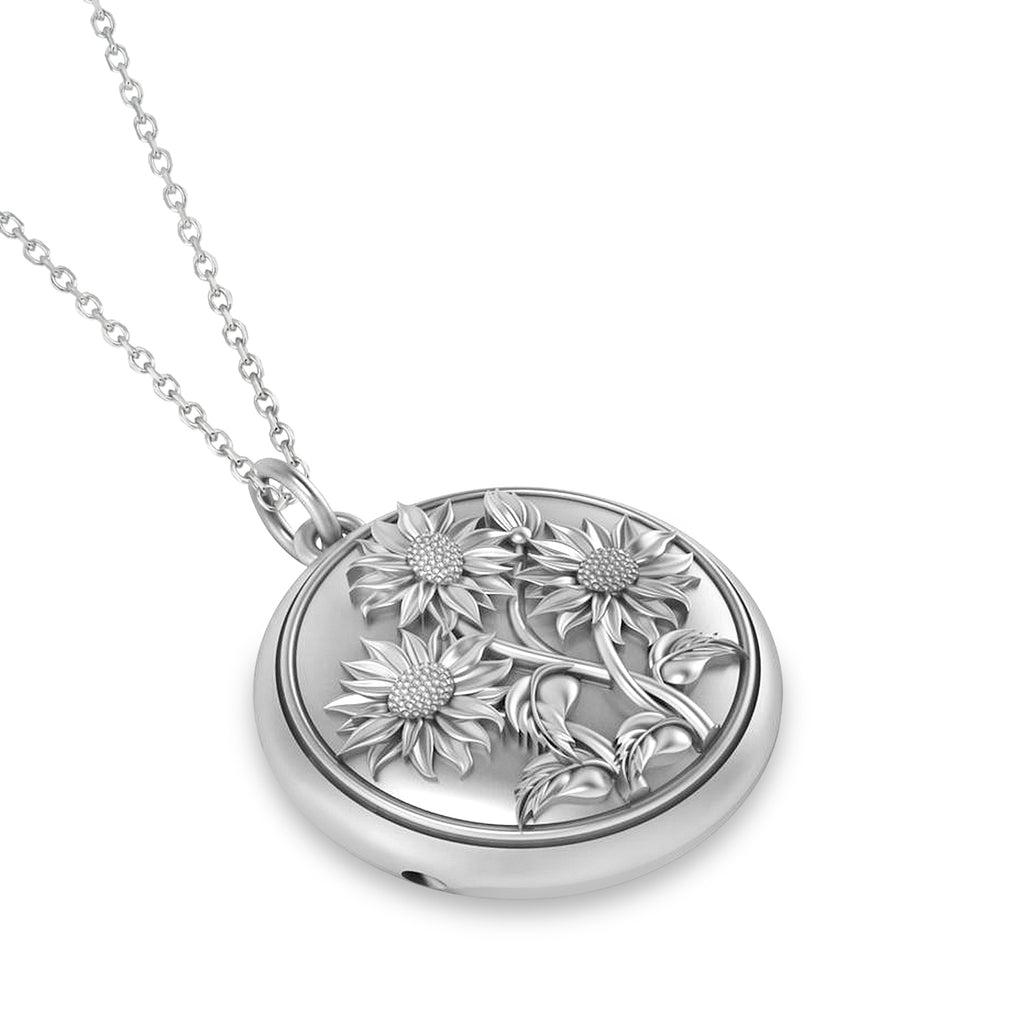 Sunflower Locket Pendant Necklace 14k White Gold