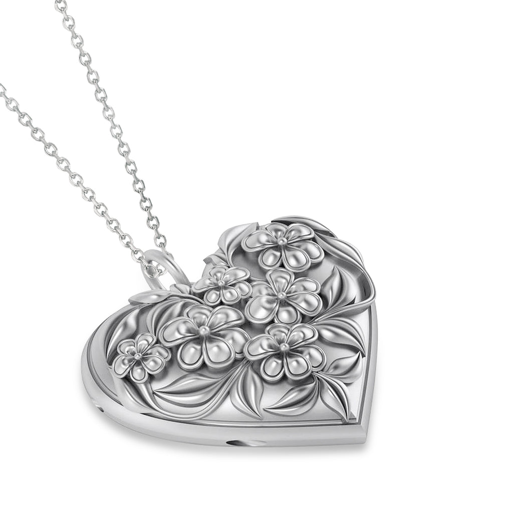 Floral Designed Heart Locket Necklace 14k White Gold