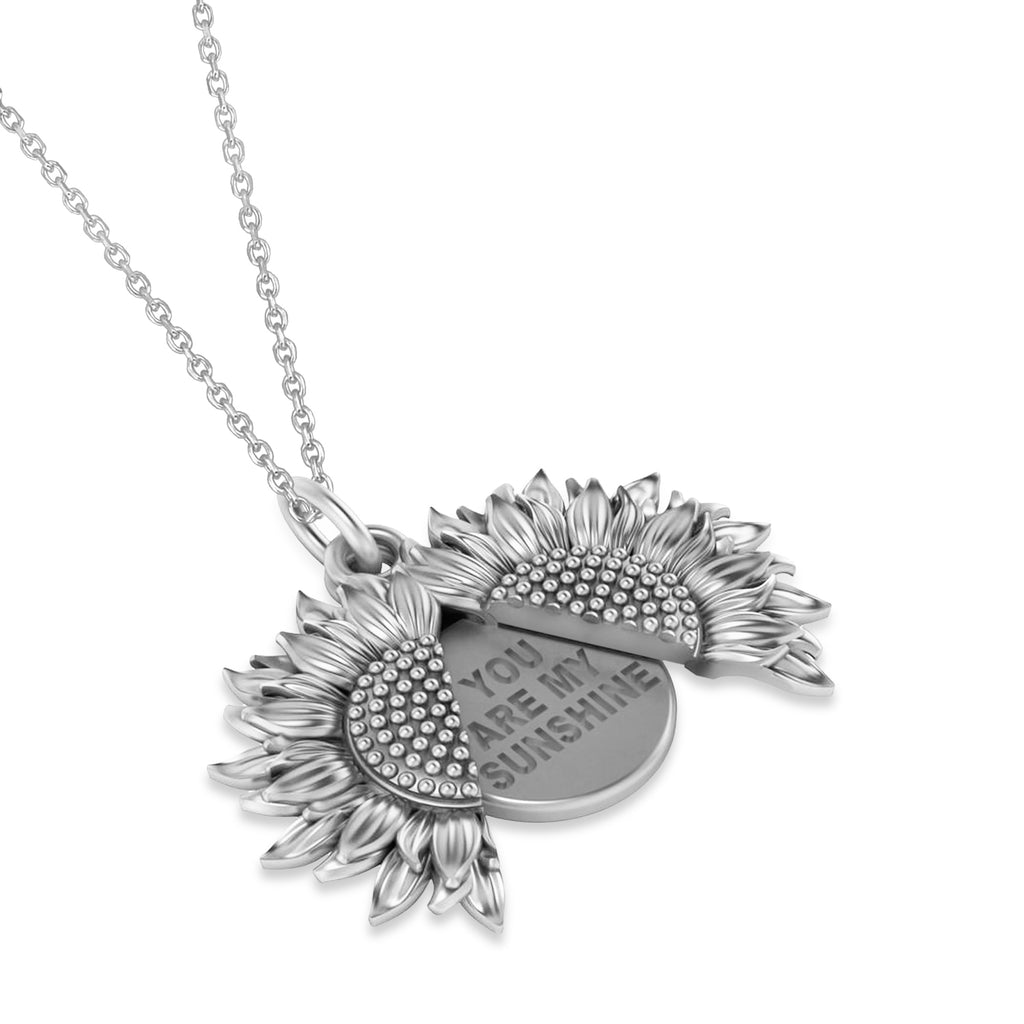 Sunflower You Are My Sunshine Pendant Necklace 14K White Gold