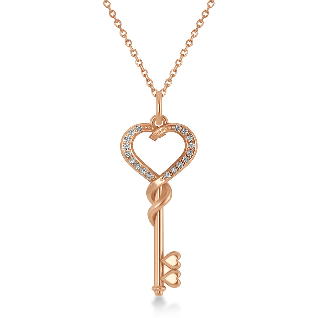 Diamond Heart Key Pendant Necklace 14k Rose Gold (0.18ct)