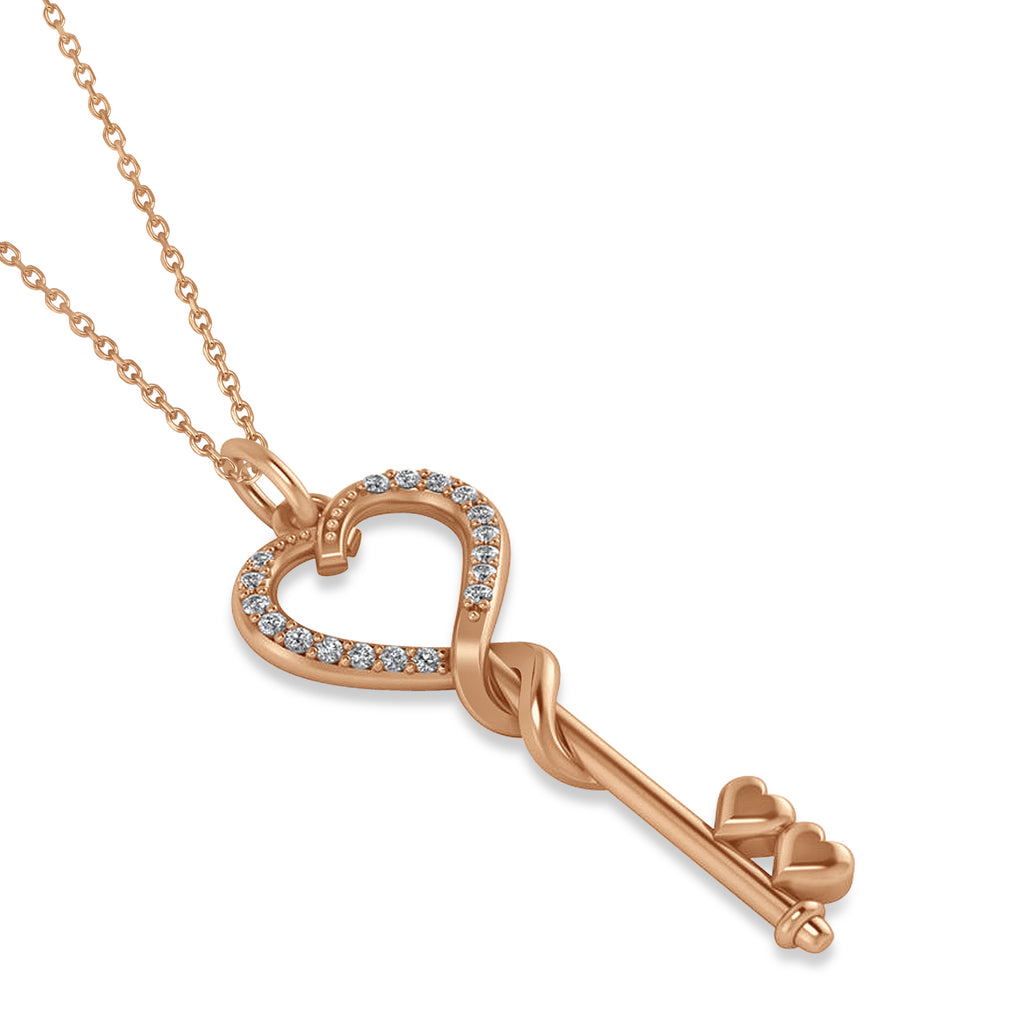 Diamond Heart Key Pendant Necklace 14k Rose Gold (0.18ct)