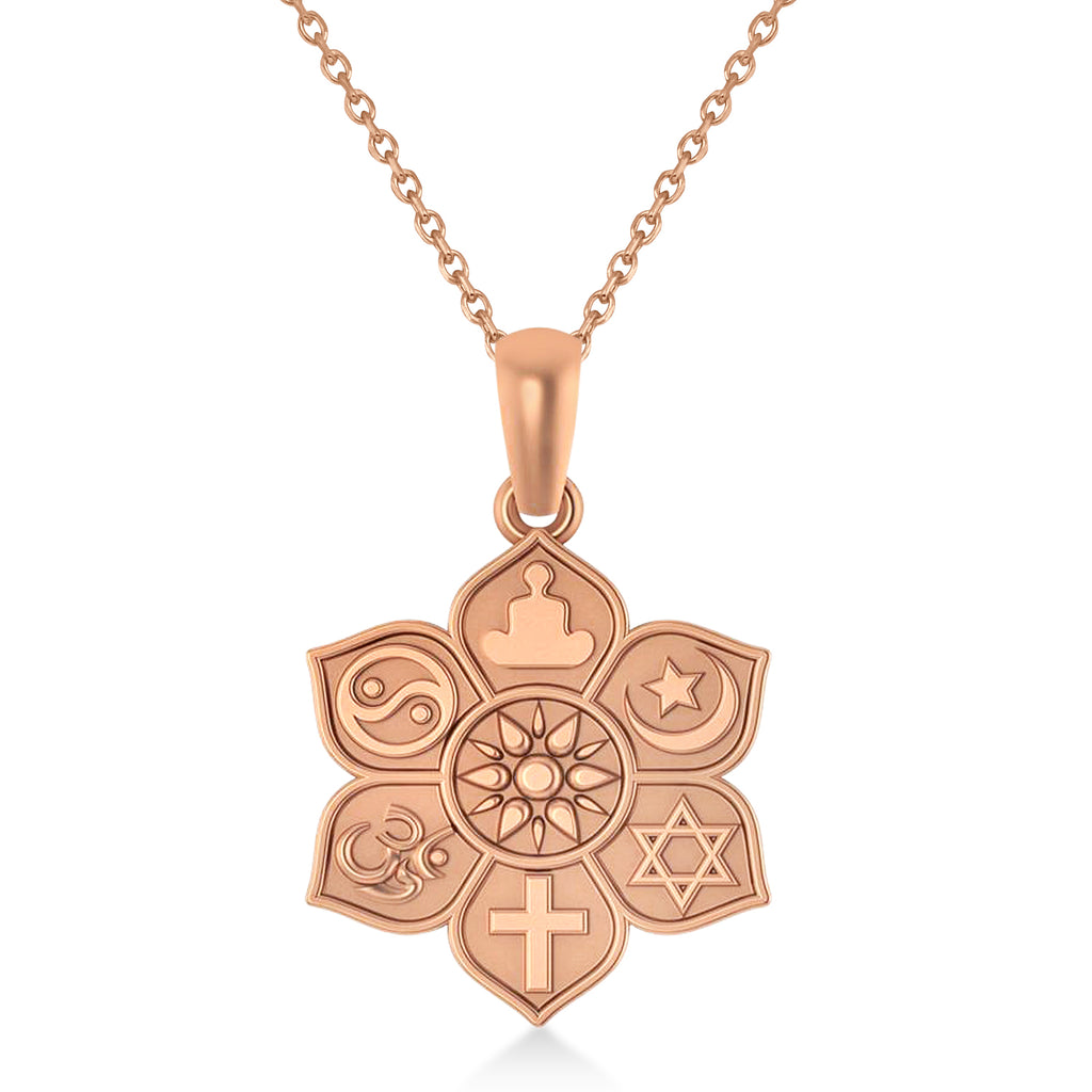 Coexist Symbols on Lotus Flower Pendant Necklace 14k Rose Gold