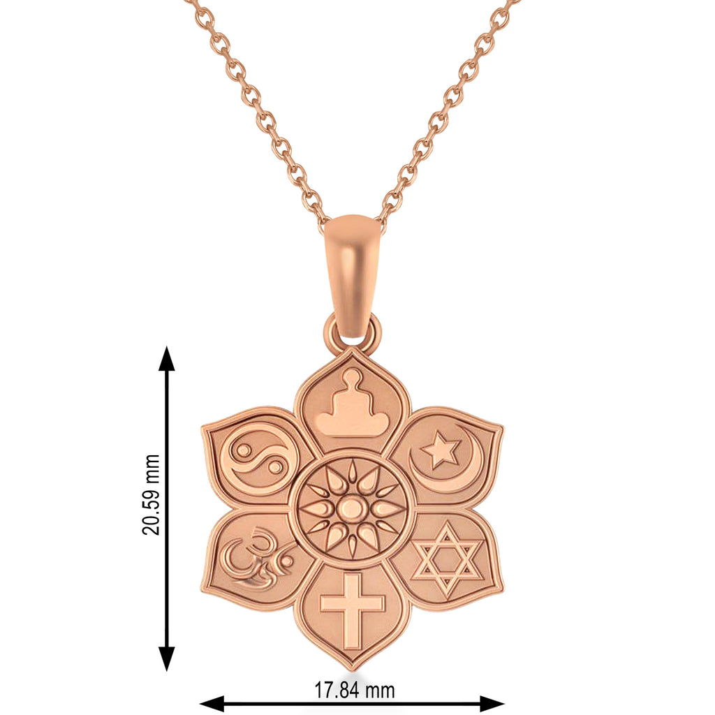 Coexist Symbols on Lotus Flower Pendant Necklace 14k Rose Gold