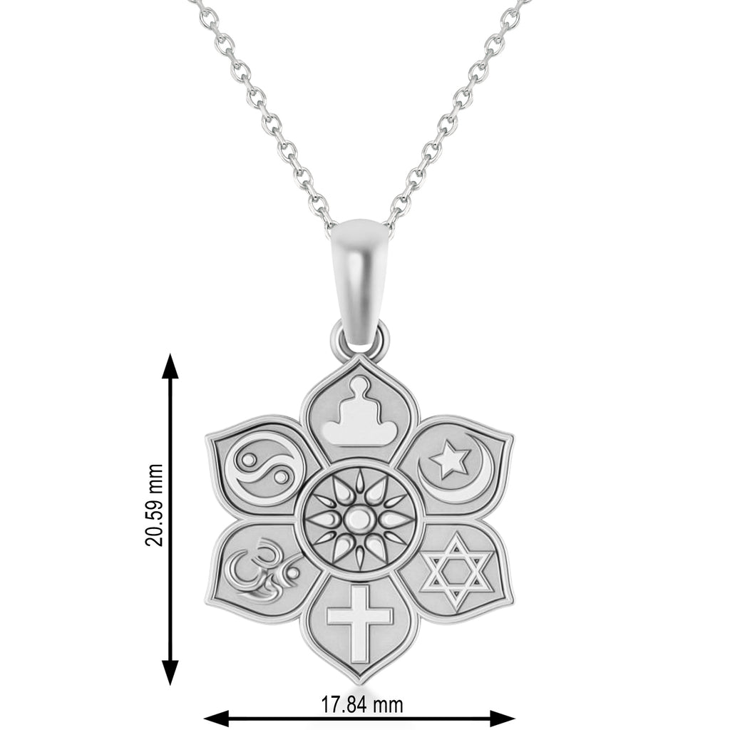 Coexist Symbols on Lotus Flower Pendant Necklace 14k White Gold