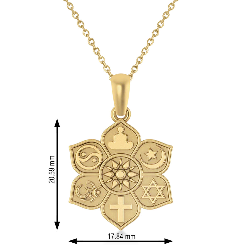 Coexist Symbols on Lotus Flower Pendant Necklace 14k Yellow Gold