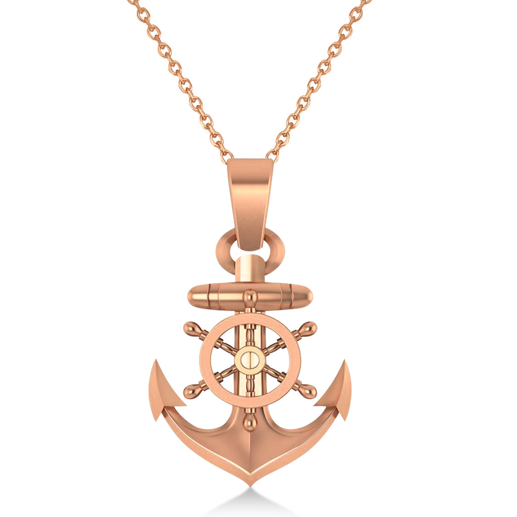 Men's Anchor With Ship's Wheel Pendant Necklace 14k Rose Gold
