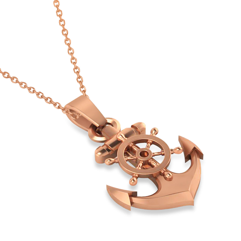 Men's Anchor With Ship's Wheel Pendant Necklace 14k Rose Gold