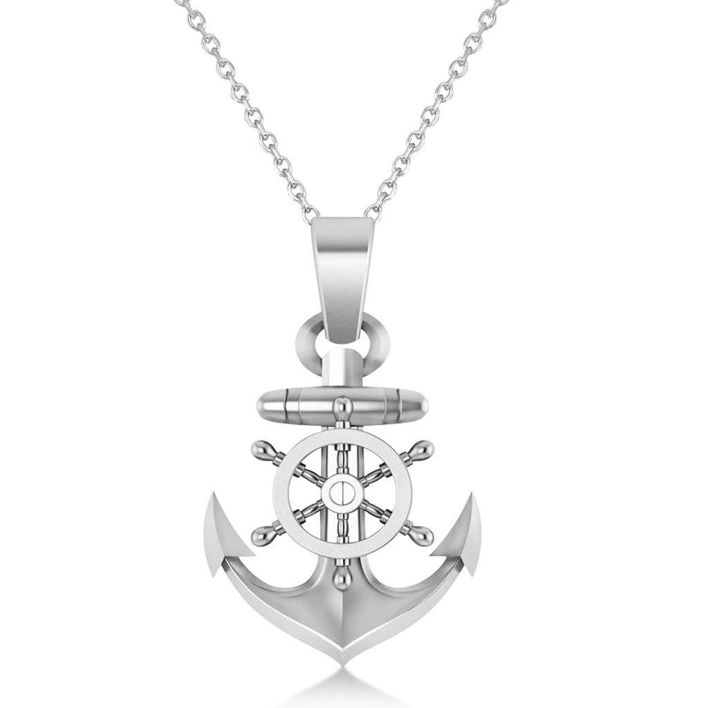 Men's Anchor With Ship's Wheel Pendant Necklace 14k White Gold
