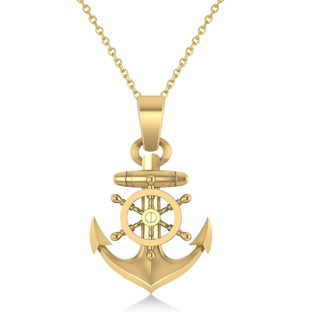 Men's Anchor With Ship's Wheel Pendant Necklace 14k Yellow Gold