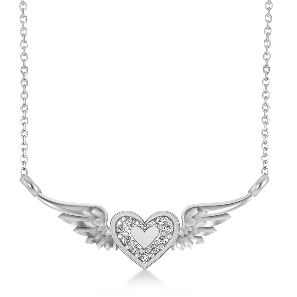 Diamond Heart & Angel Wings Pendant Necklace 14k White Gold (0.05ct)