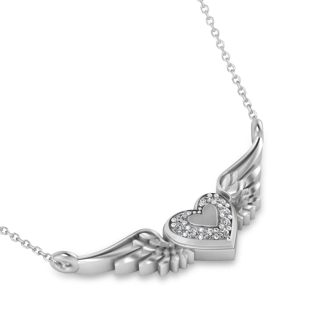 Diamond Heart & Angel Wings Pendant Necklace 14k White Gold (0.05ct)