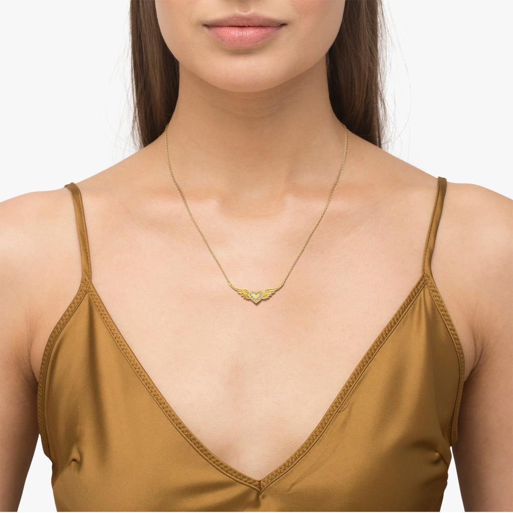 Diamond Heart & Angel Wings Pendant Necklace 14k Yellow Gold (0.05ct)