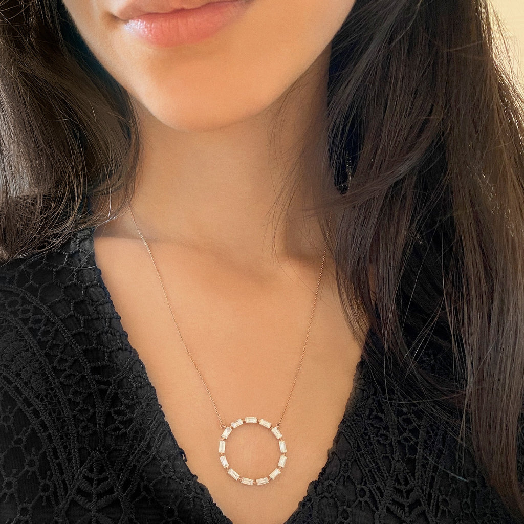 Diamond Baguette Formed Circle Pendant Necklace 14k Rose Gold (1.82ct)