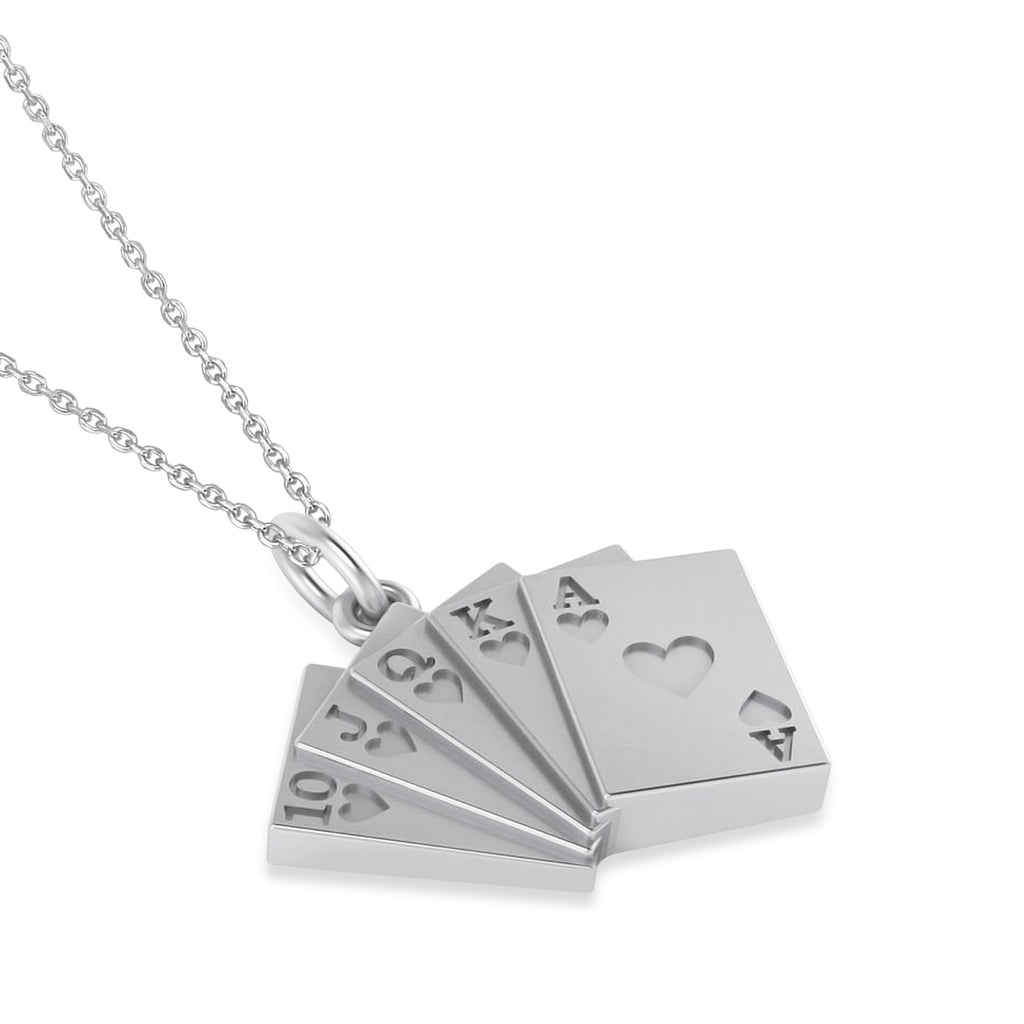 Playing Card Royal Flush Poker Pendant Necklace 14K White Gold