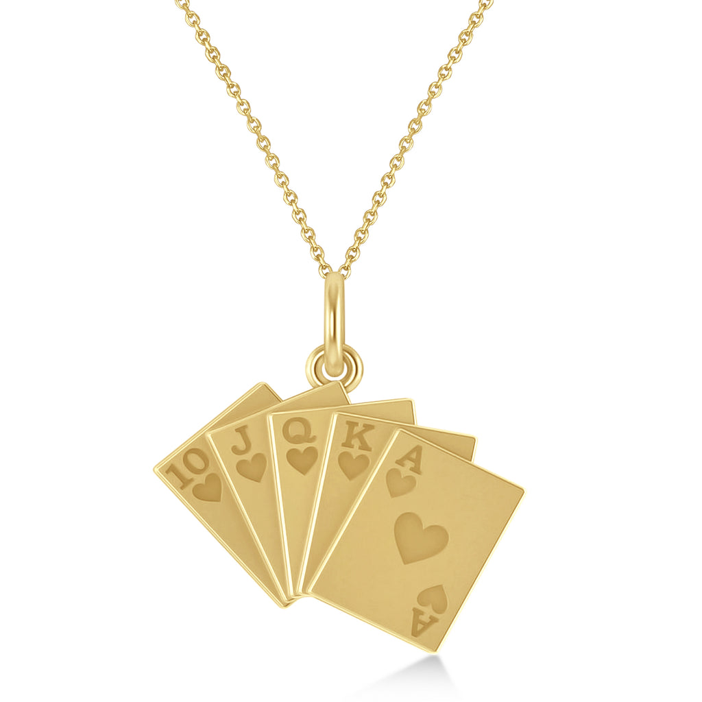 Playing Card Royal Flush Poker Pendant Necklace 14K Yellow Gold