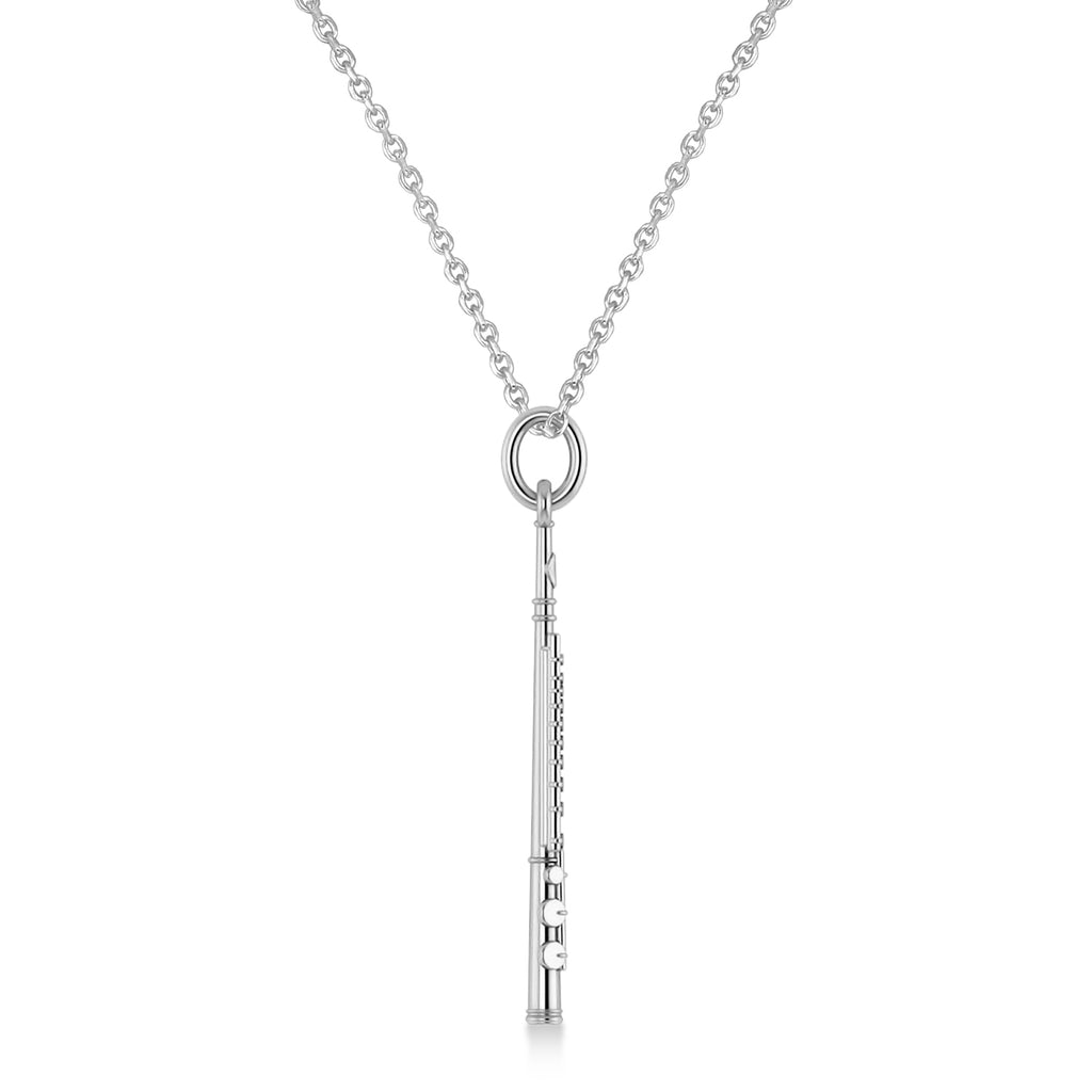 Flute Music Pendant Necklace 14K White Gold