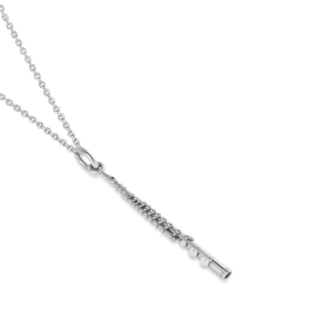 Flute Music Pendant Necklace 14K White Gold