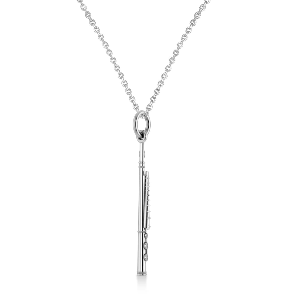 Flute Music Pendant Necklace 14K White Gold