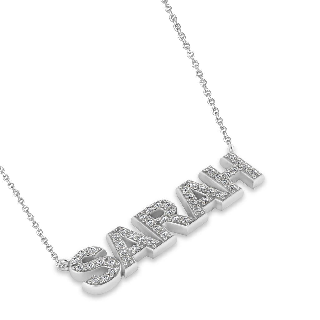 Diamond Block Font Name Pendant Necklace 14K White Gold