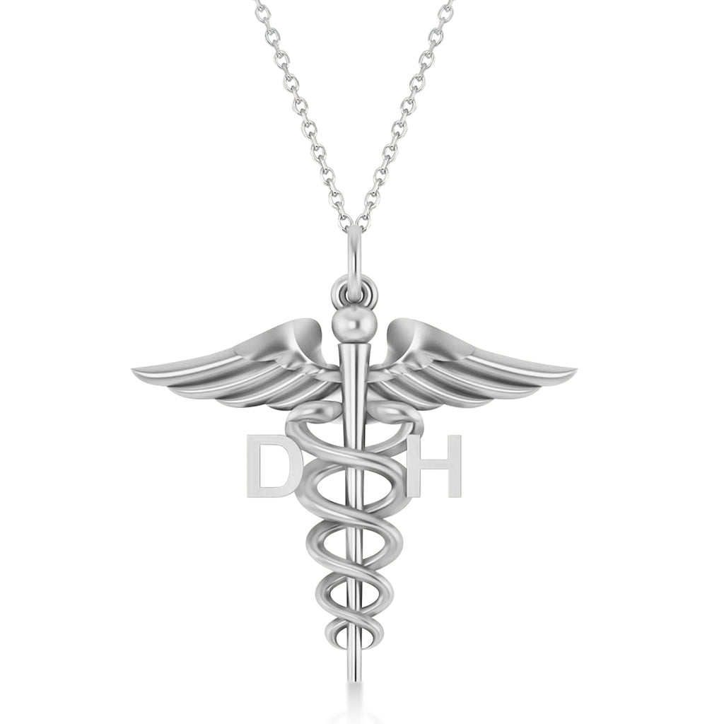 Caduceus Dental Hygienist Pendant Necklace 14k White Gold