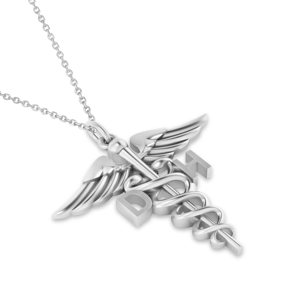 Caduceus Dental Hygienist Pendant Necklace 14k White Gold
