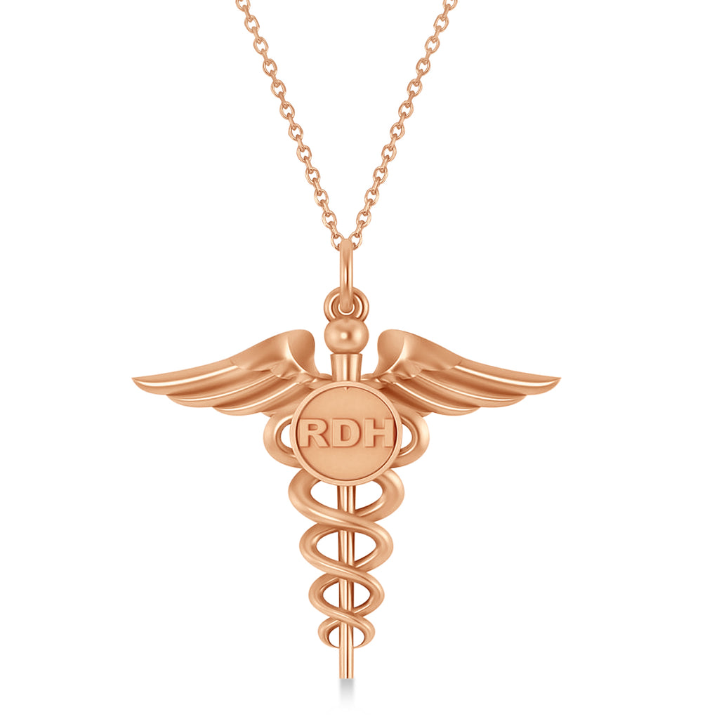 Caduceus Registered Dental Hygienist Pendant Necklace 14k Rose Gold