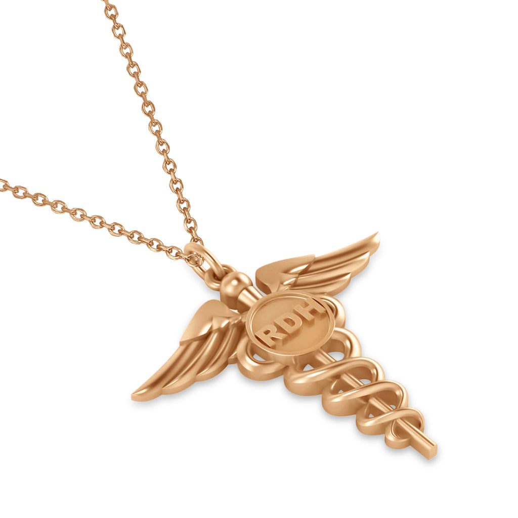 Caduceus Registered Dental Hygienist Pendant Necklace 14k Rose Gold