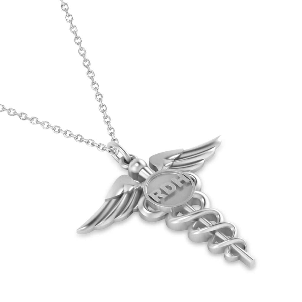 Caduceus Registered Dental Hygienist Pendant Necklace 14k White Gold