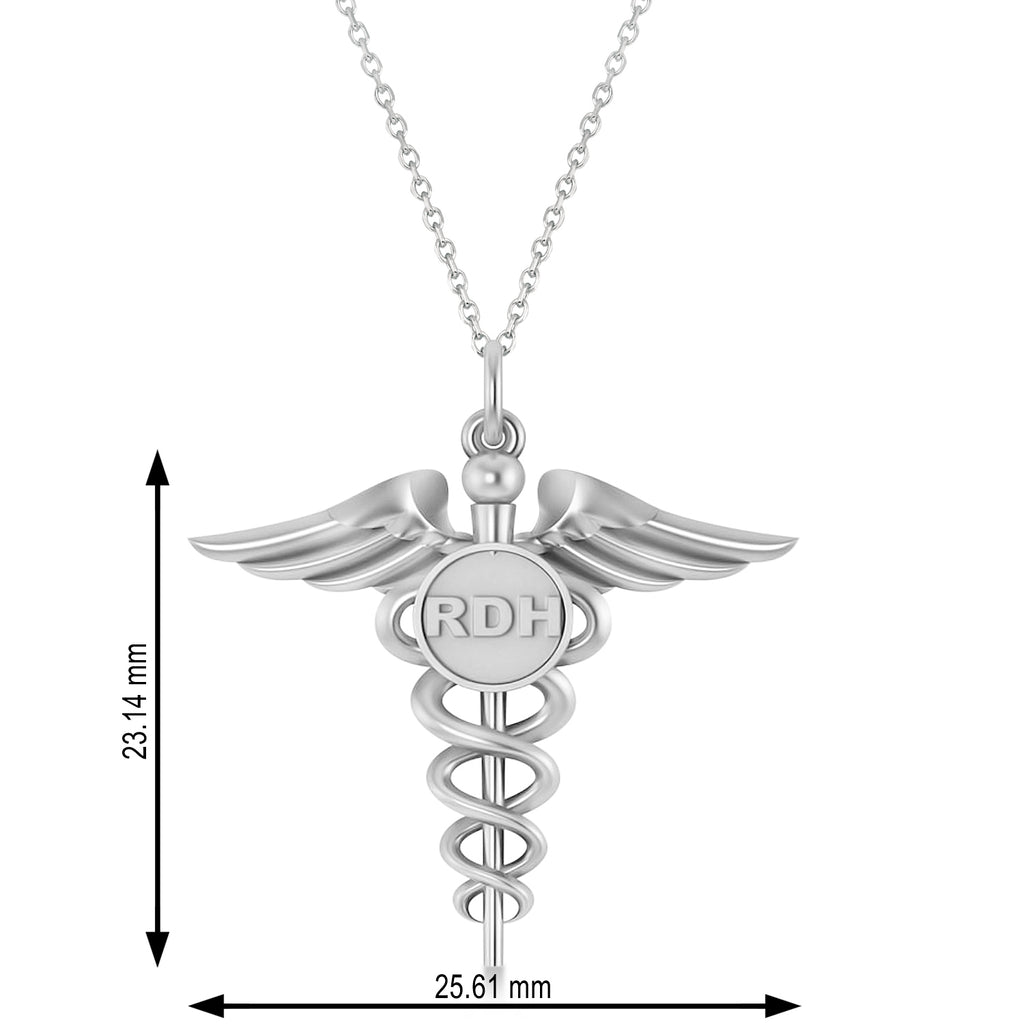Caduceus Registered Dental Hygienist Pendant Necklace 14k White Gold