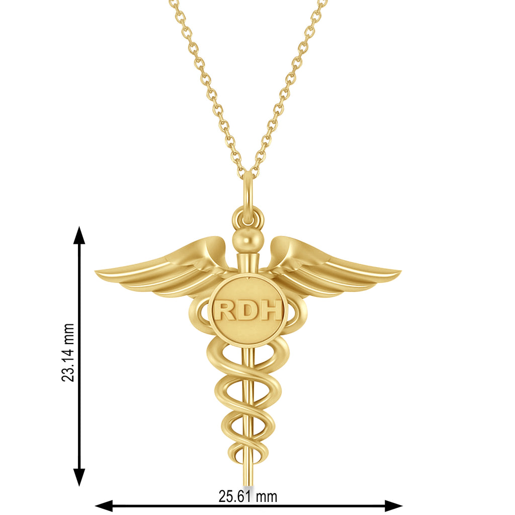 Caduceus Registered Dental Hygienist Pendant Necklace 14k Yellow Gold