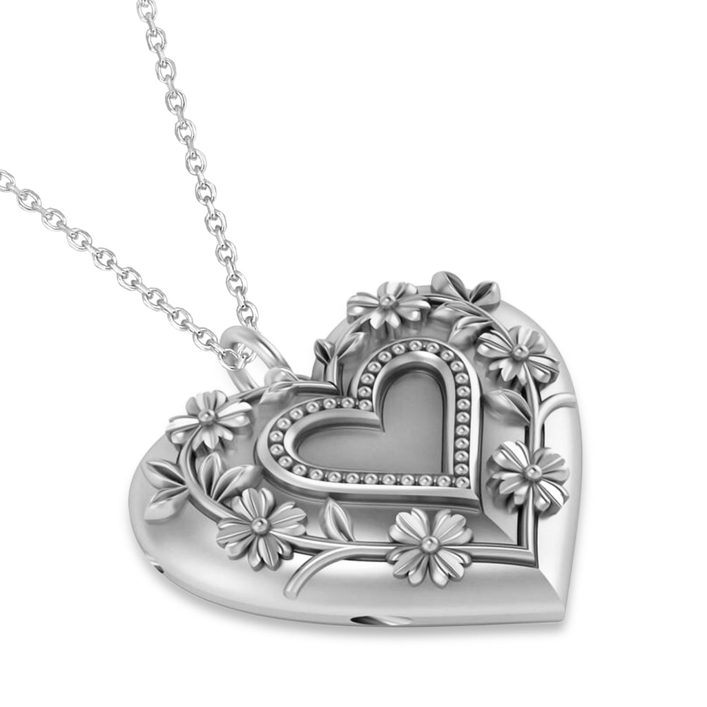 Floral Heart Locket Necklace 14k White Gold