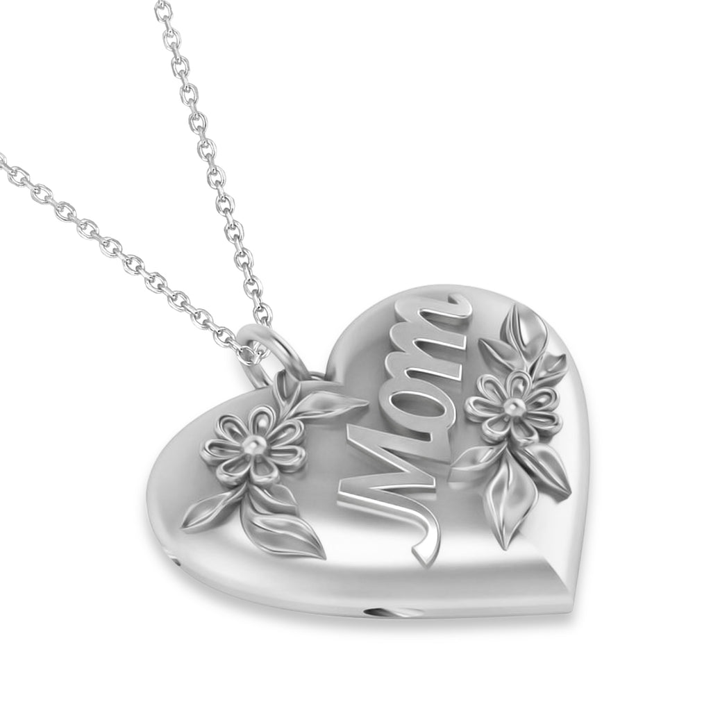 Flower Adorned Mom Heart Locket Necklace 14k White Gold