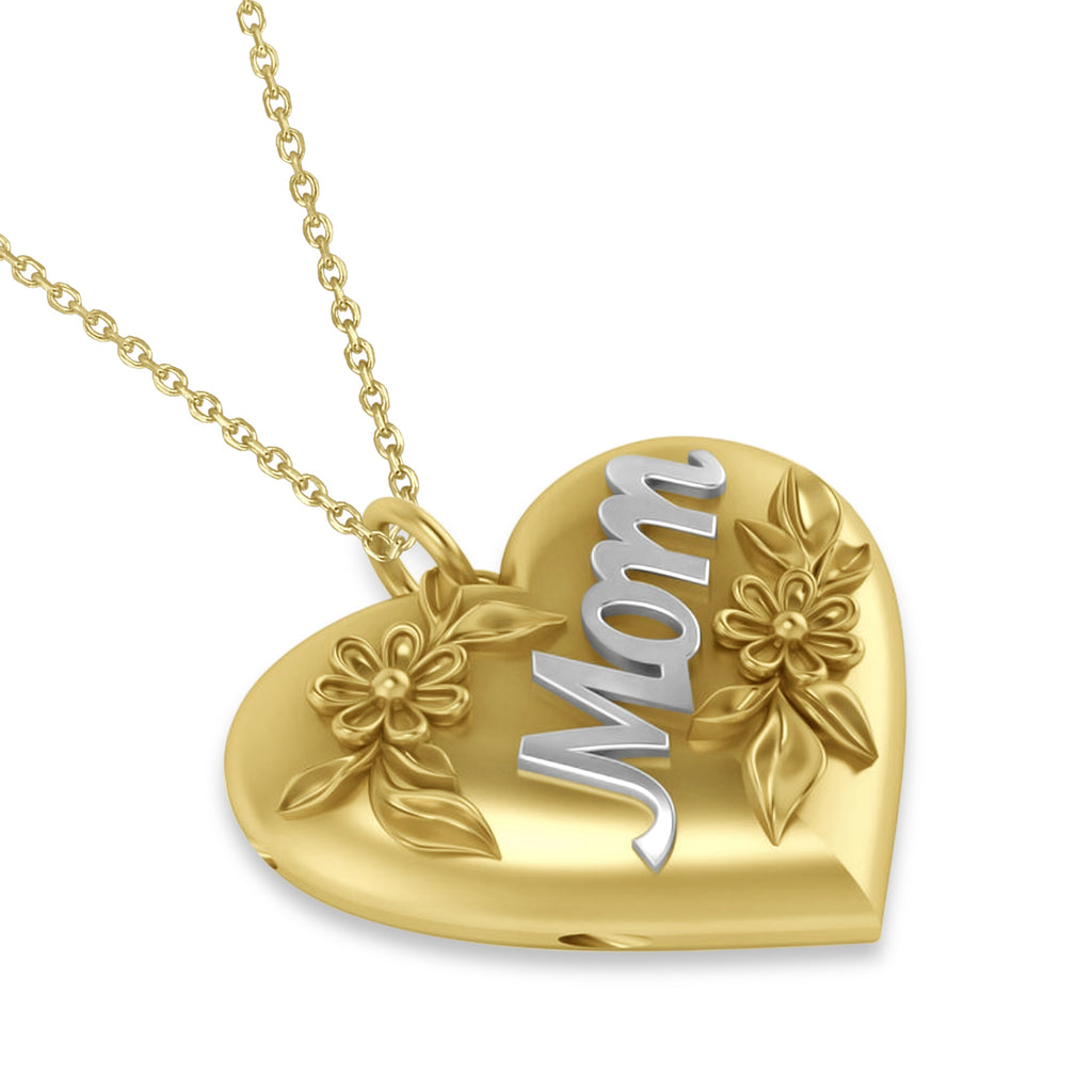 Flower Adorned Mom Heart Locket Necklace 14k Yellow Gold