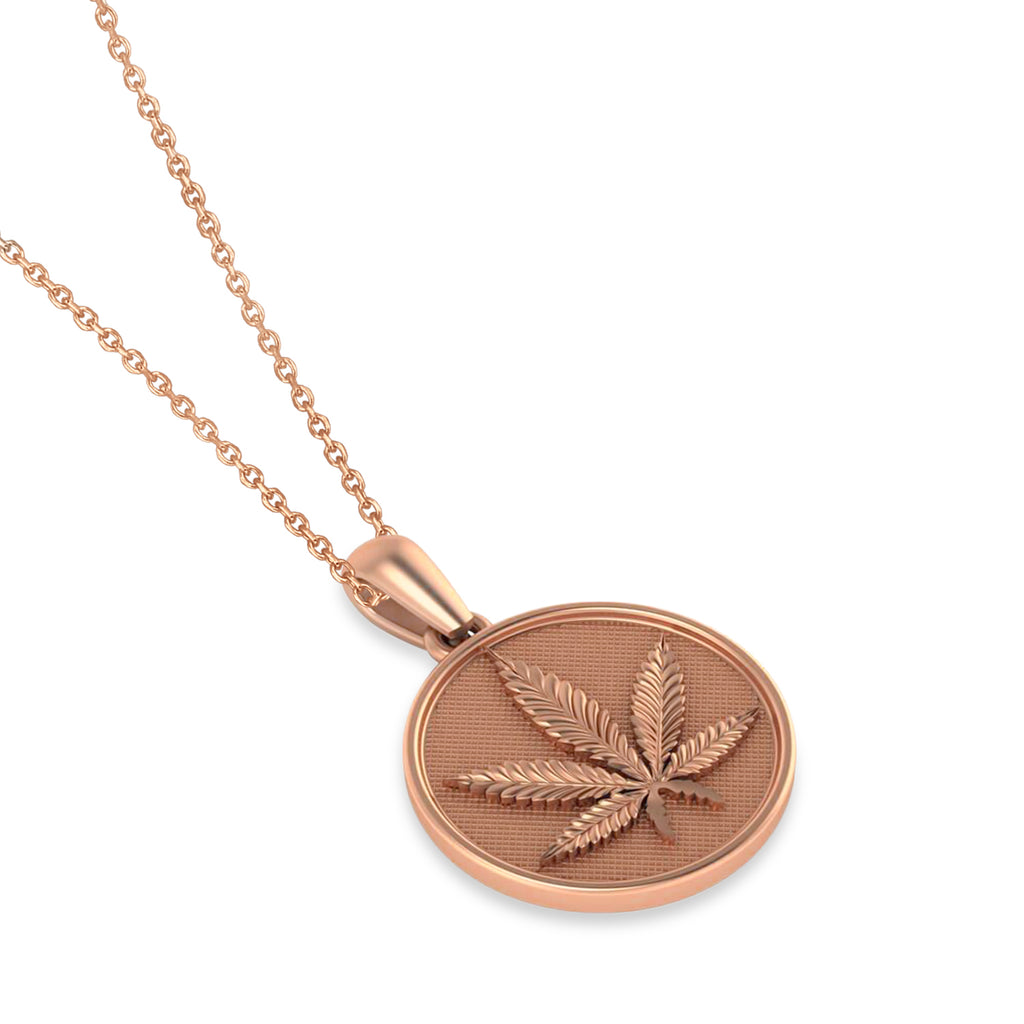 Marijuana Leaf Charm Disk Pendant Necklace 14K Rose Gold