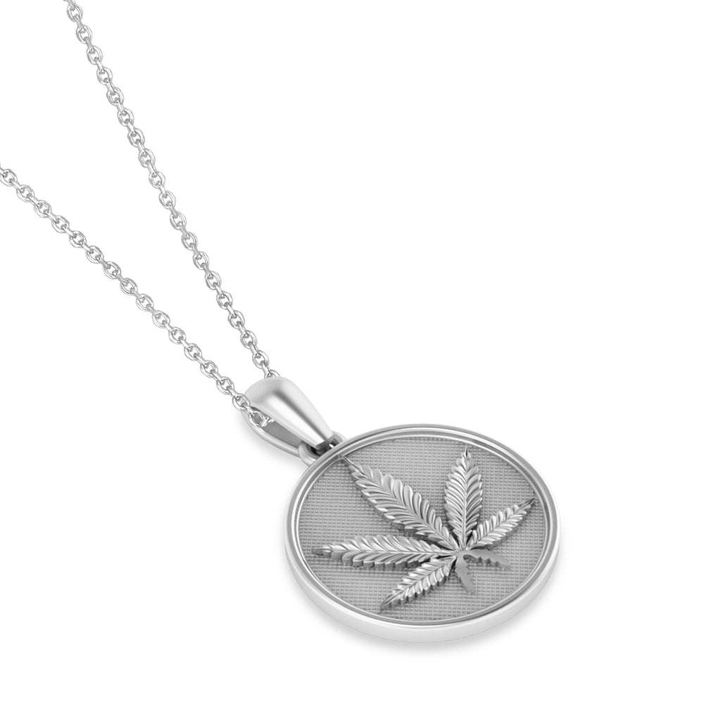 Marijuana Leaf Charm Disk Pendant Necklace 14K White Gold